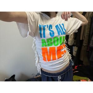 DIY Fringe Neon Graphic Tshirt Its All About Me Y2K 2000s Fitted Cotton S/M